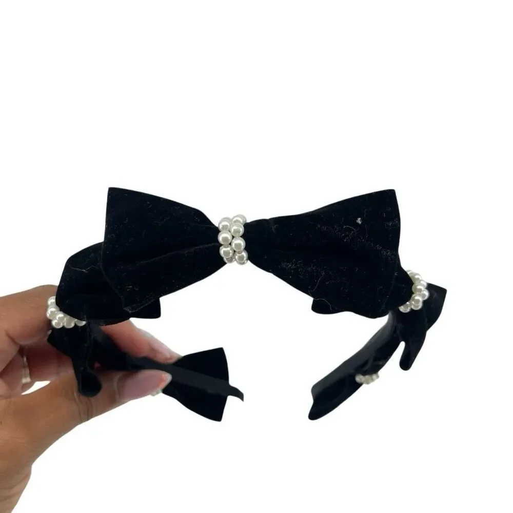 Black Velvet Bow Headband Pearl Embellished Feminine Coquette Hair Accessory